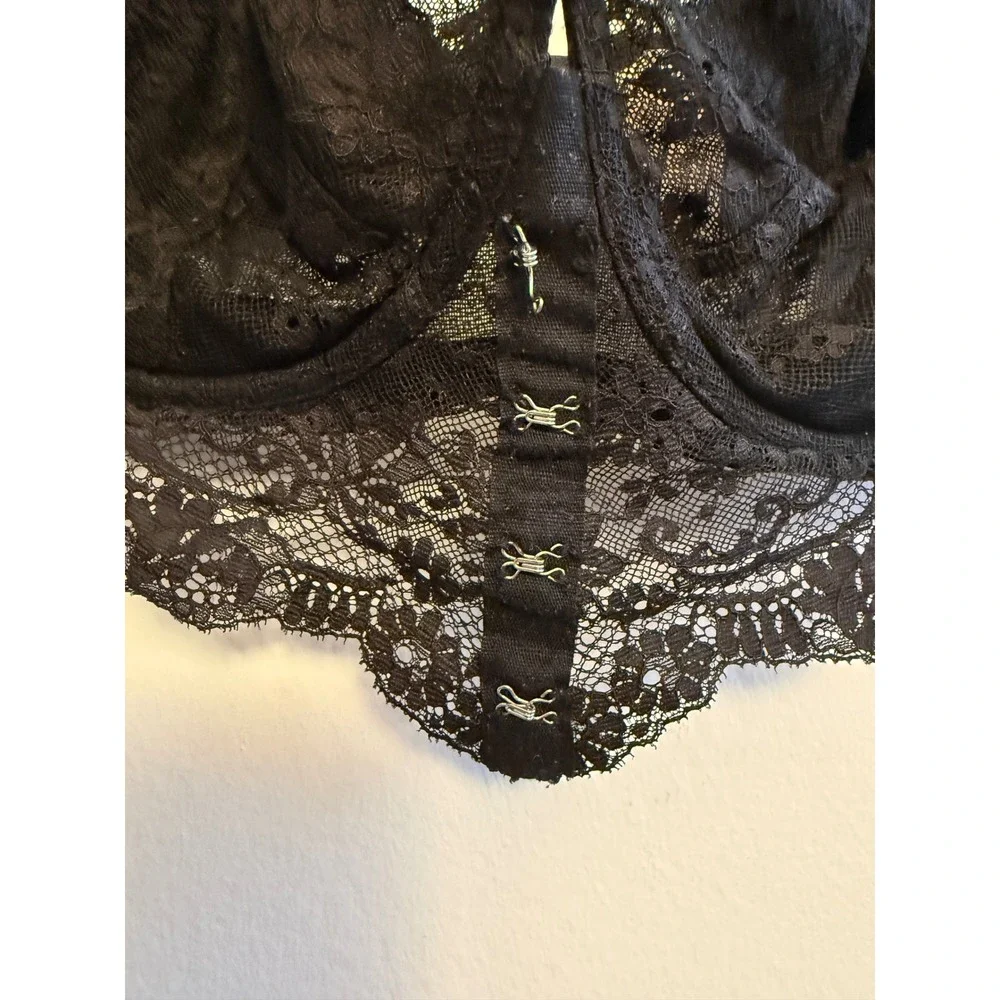 Victorias Secret Black Floral Lace Longline Underwire Bra 36DD